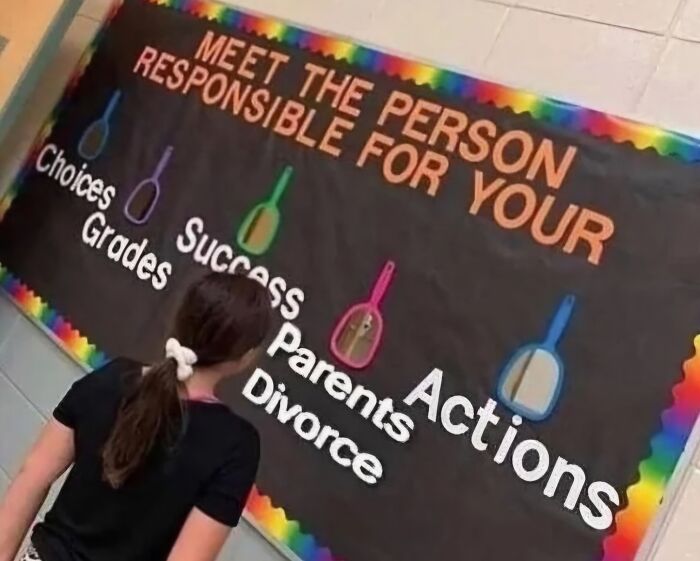 Girl looking at a funny stupid signs pic showing who is responsible for choices, success, divorce, parents, and actions.