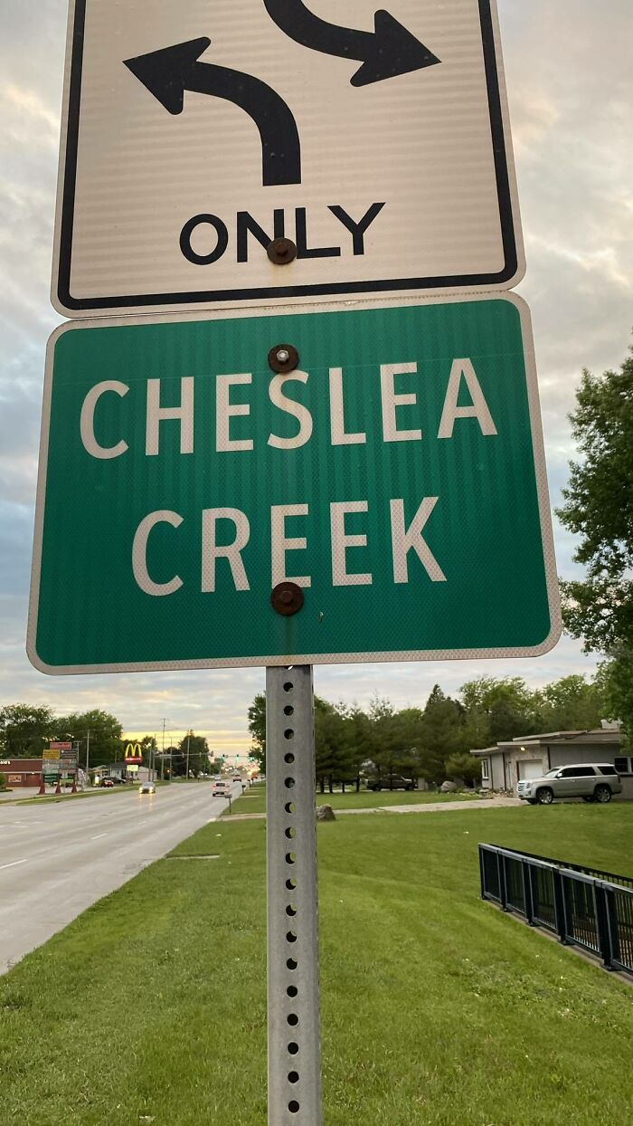 Road sign showing confusing left and right arrows above a Cheslea Creek green street sign on a suburban roadside, funny stupid signs pics.