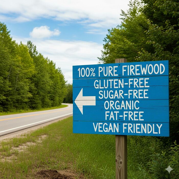 Funny stupid signs pic showing a blue roadside sign listing firewood as gluten-free, sugar-free, organic, and vegan friendly