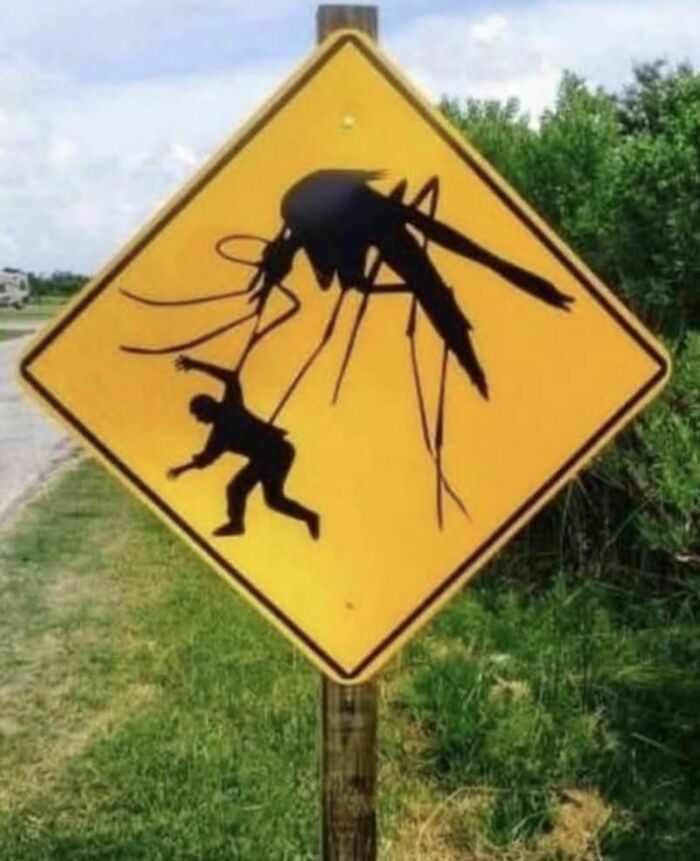 Warning sign shows a giant mosquito grabbing a person, a funny stupid signs pic on a roadside post.