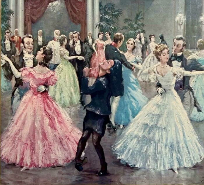 Thrifted painting of a ballroom dance scene with a humorous twist added to one of the dancers for personalization.