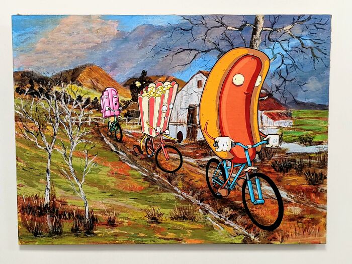 Humorous personalized thrifted painting showing a hotdog, popcorn, and drink riding bikes in a countryside scene.