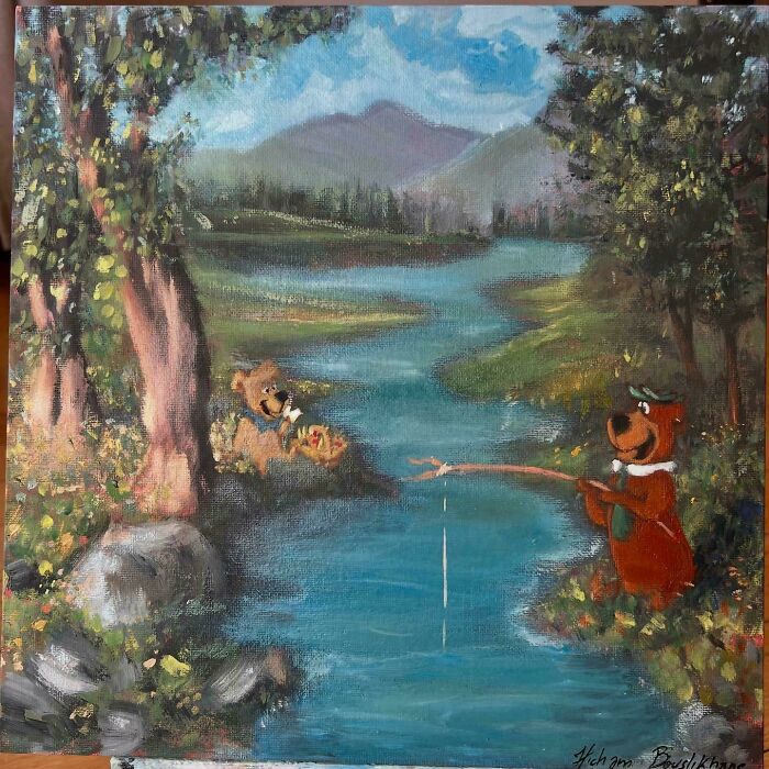 Thrifted painting personalized with funny addition of cartoon bears fishing by a river in a scenic forest landscape.