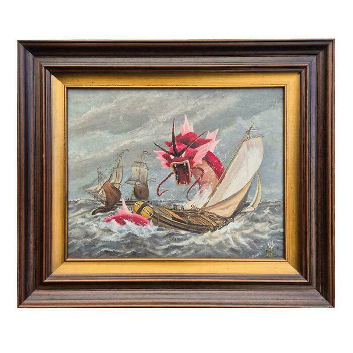 Framed thrifted painting of a sea battle with ships and a large, unexpected pink sea monster attacking.