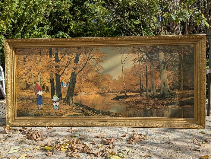 Autumn forest thrifted painting personalized with funny cartoon characters added for a humorous unexpected twist.