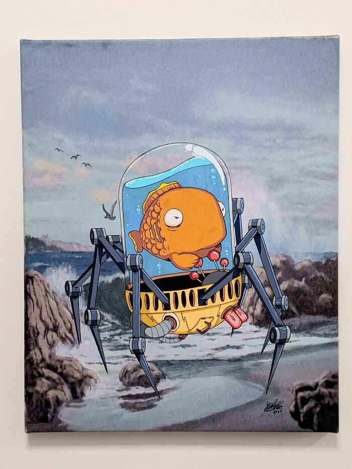Cartoon fish in a mechanical spider-like suit added to a classic coastal painting, showcasing personalized thrifted painting art.