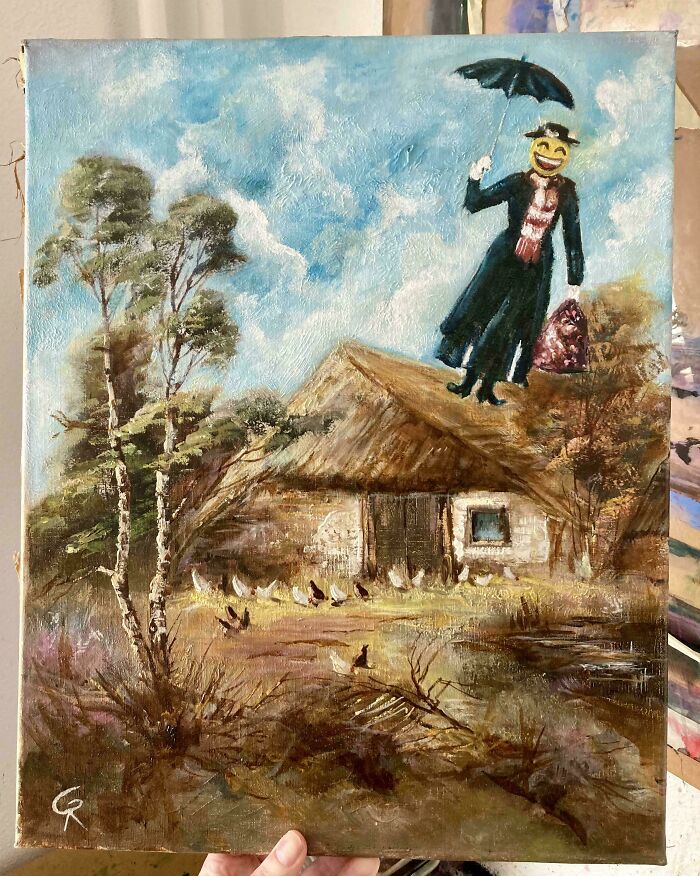 Thrifted painting of a countryside cottage humorously altered with a smiling figure holding an umbrella and bag on the roof.