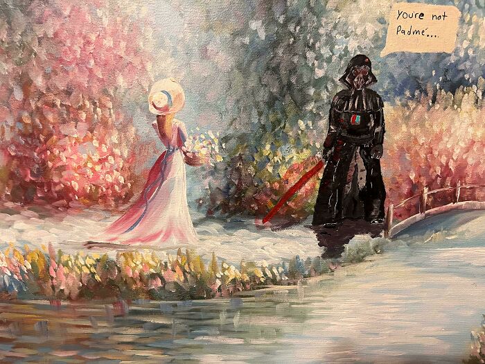 Thrifted painting personalized with a humorous Darth Vader figure and a speech bubble adding a funny twist to a classic scene.