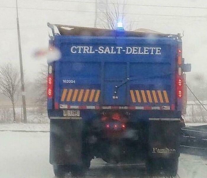 Blue truck with the phrase CTRL-SALT-DELETE driving on a snowy road, showing something interesting for internet users.