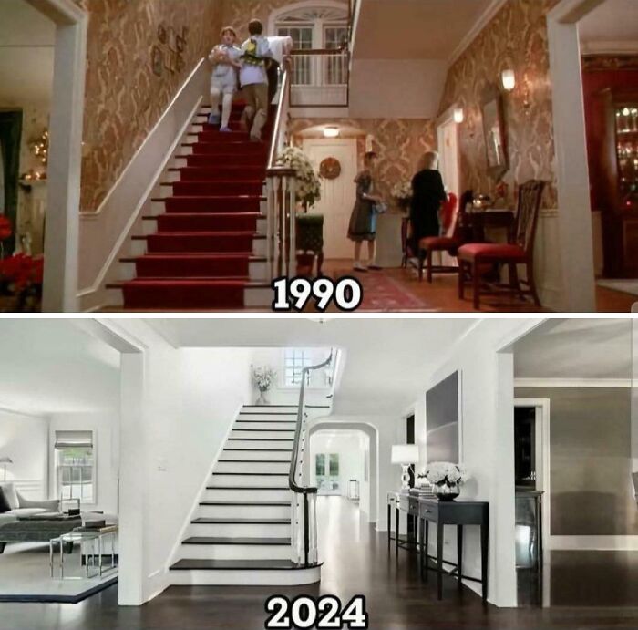 Comparison of staircase and interior design from 1990 to 2024 showing changes in home decor and architecture.