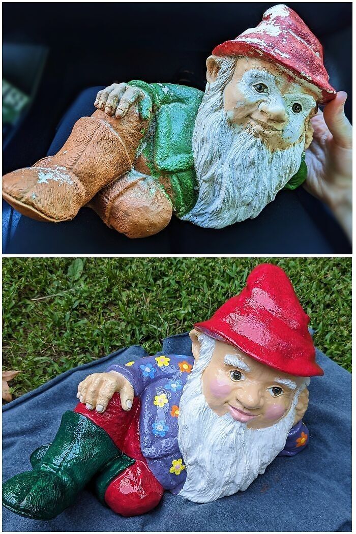Two personalized thrifted garden gnome statues with humorous colorful paint and details outdoors.