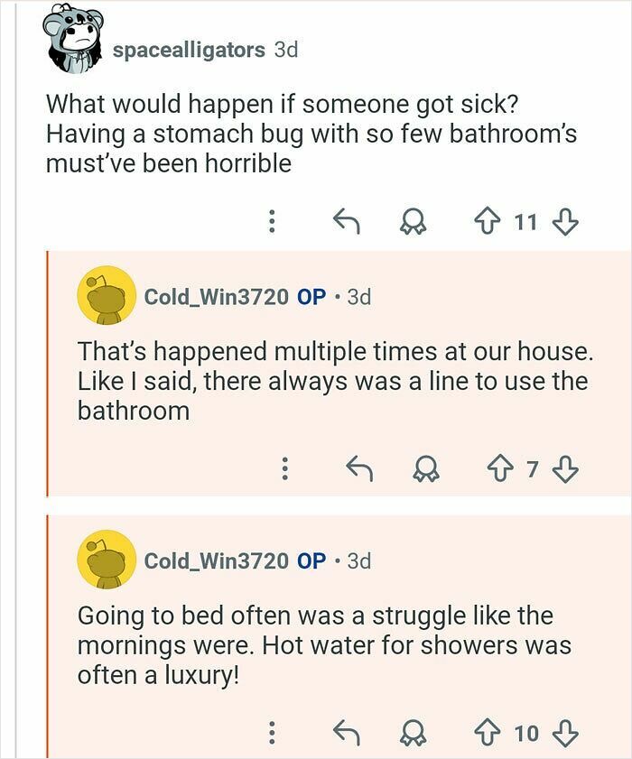 Reddit user with 21 siblings shares challenges of bathroom lines and limited hot water in large family life.