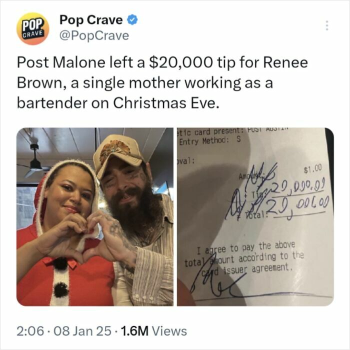 Post Malone’s $20,000 Christmas Eve tip melts hearts in one of the sweetest holiday moments captured.