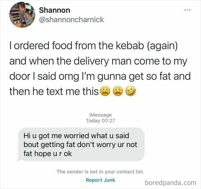 Text conversation meme about food delivery and worry about getting fat, part of hilarious food memes collection.