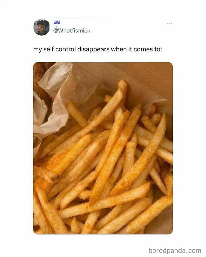 Funny food meme showing seasoned French fries with a caption about losing self control around food.