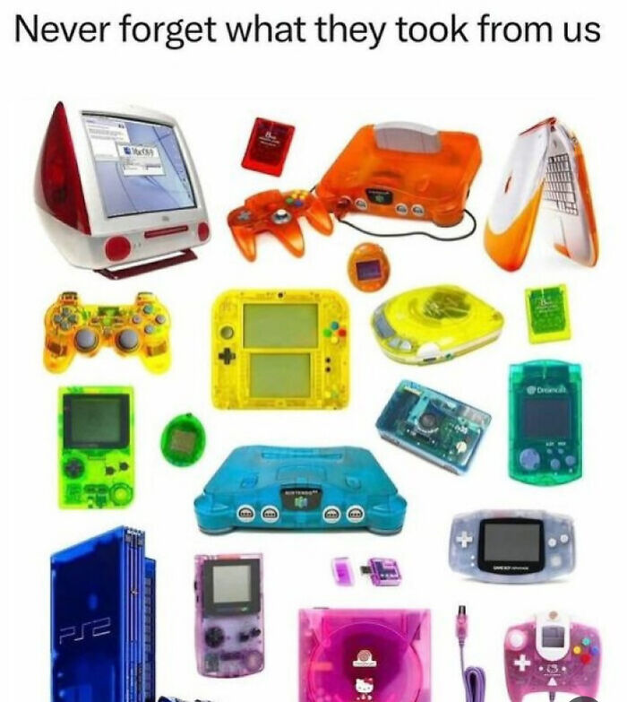 Collection of colorful 90s and 2000s nostalgia gaming consoles and handheld devices from childhood memories.
