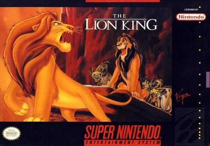 The Lion King video game cover for Super Nintendo, evoking 90s and 2000s nostalgia from childhood memories.
