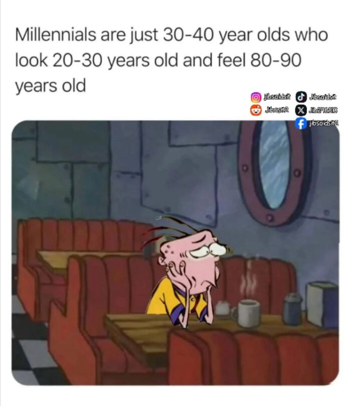 Cartoon character sitting alone in a diner booth looking tired, reflecting 90s and 2000s nostalgia feelings.