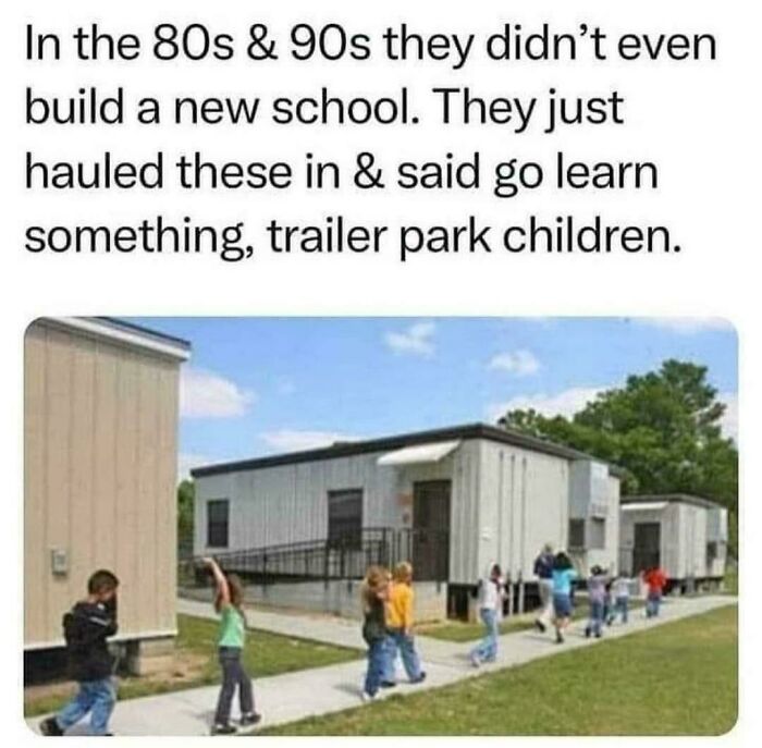 Children walking outside portable classrooms in the 80s and 90s, evoking 90s and 2000s nostalgia about school experiences.