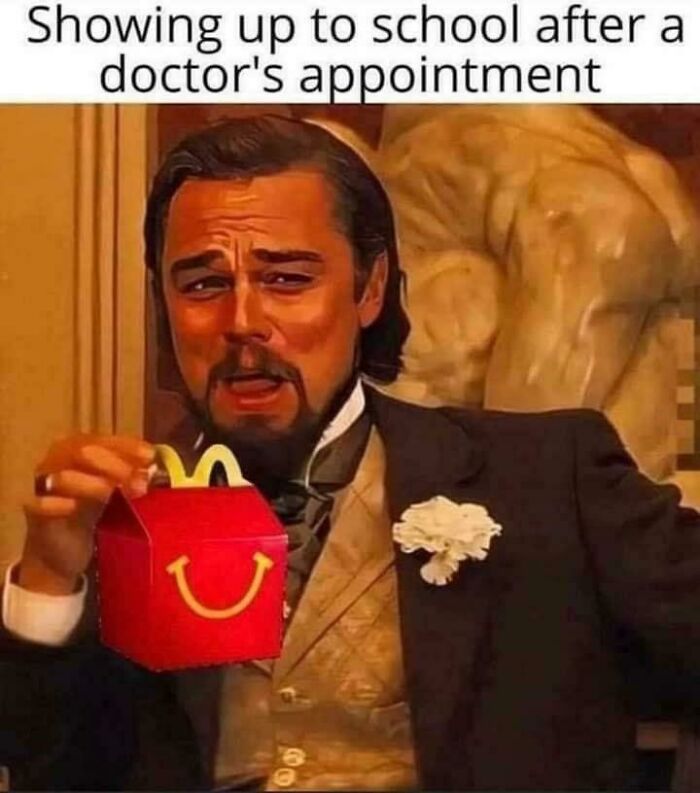 Leonardo DiCaprio in a suit holding a McDonald's Happy Meal, capturing 90s and 2000s nostalgia humor.