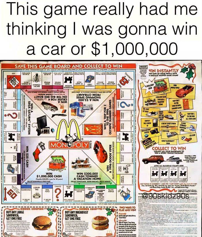 Monopoly game board from the 90s and 2000s nostalgia featuring childhood prizes and classic game pieces.