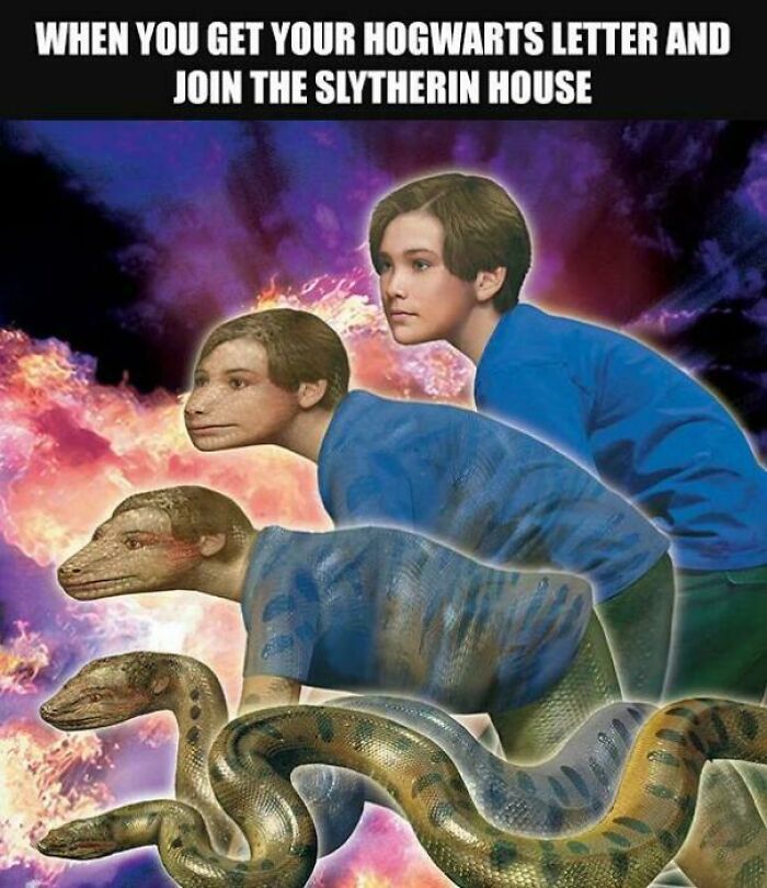 Teen morphing into snake to represent Slytherin house from Hogwarts, evoking 90s and 2000s nostalgia childhood memories.
