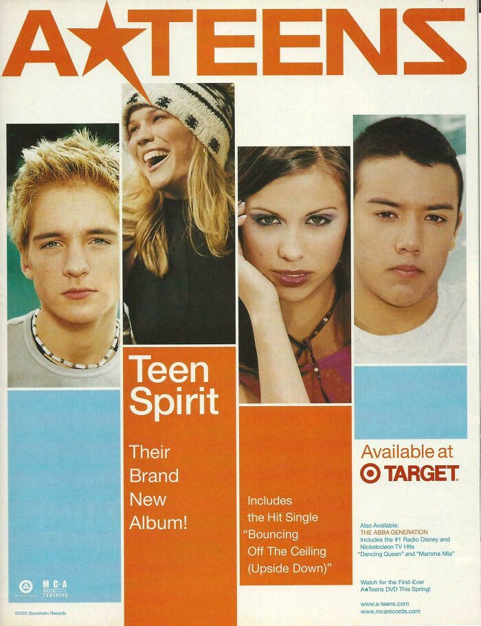 1990s and 2000s nostalgia with A*Teens album cover featuring four teens promoting their hit single at Target.