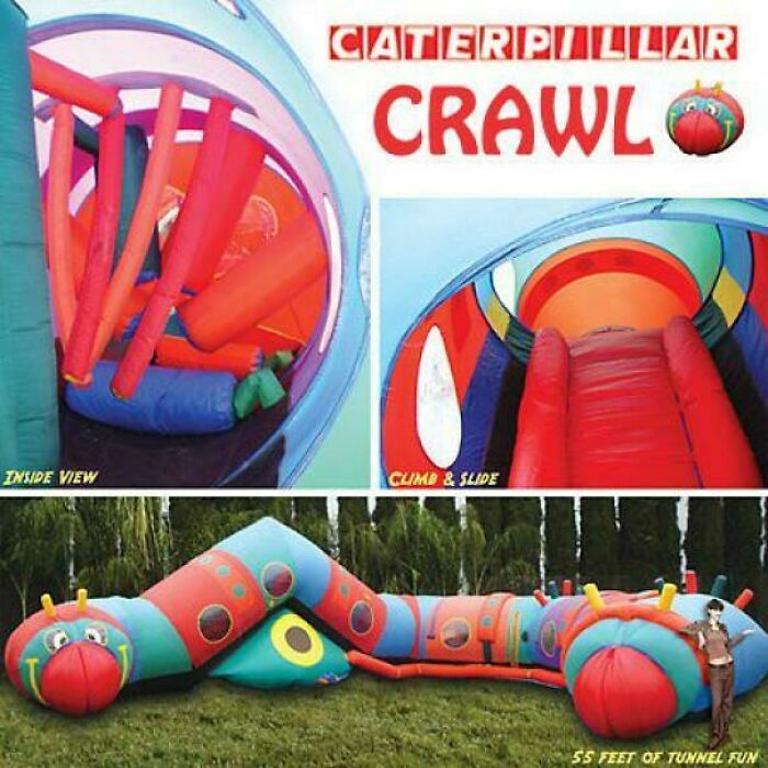 Colorful inflatable caterpillar crawl tunnel for kids, evoking 90s and 2000s nostalgia childhood memories.