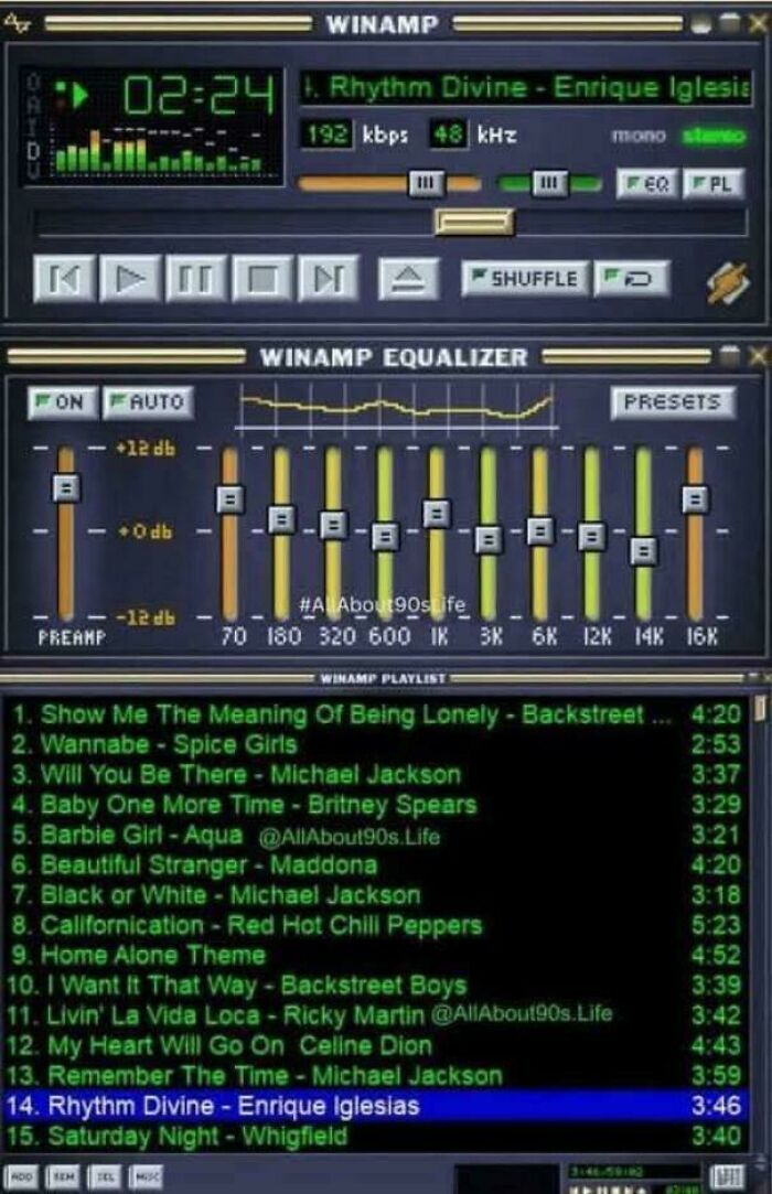 Winamp music player interface with 90s and 2000s nostalgia playlist featuring iconic childhood songs and equalizer settings.