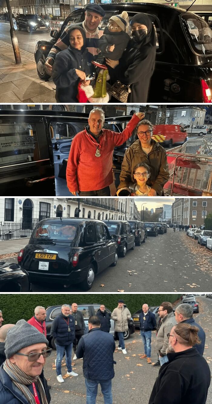 Families and friends sharing holiday moments near classic black taxis on city streets during festive season gatherings.