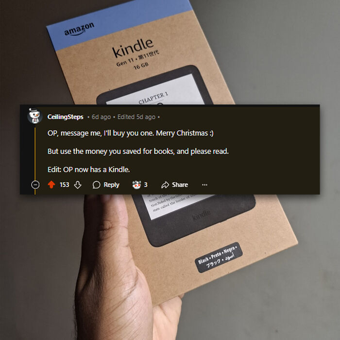 Hand holding a Kindle box with a Reddit comment about a generous holiday moment that could melt even the Grinchiest heart.