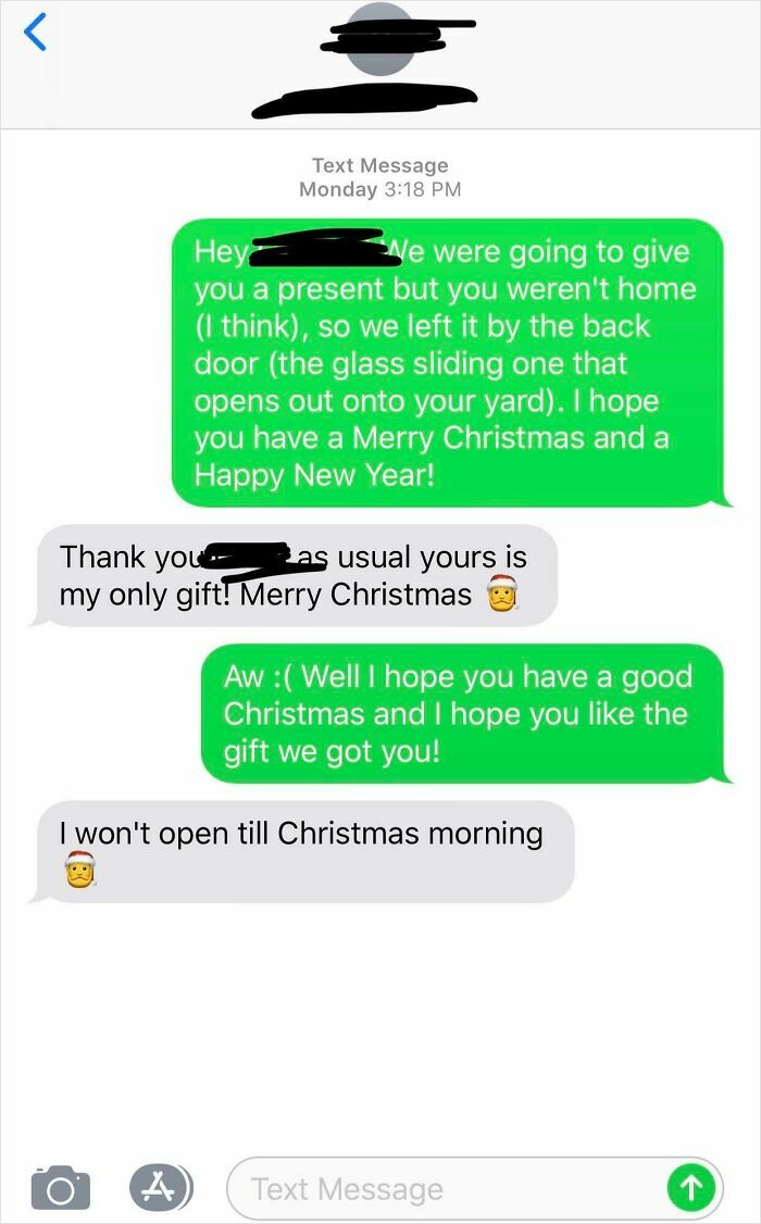 Text message exchange showing a sweet holiday moment with Christmas gift wishes and thoughtful conversation.