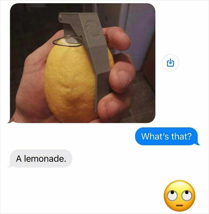 Hand holding a lemon with a g*****e pin, captioned with a dad joke about "a lemonade," from funniest dad jokes collection.
