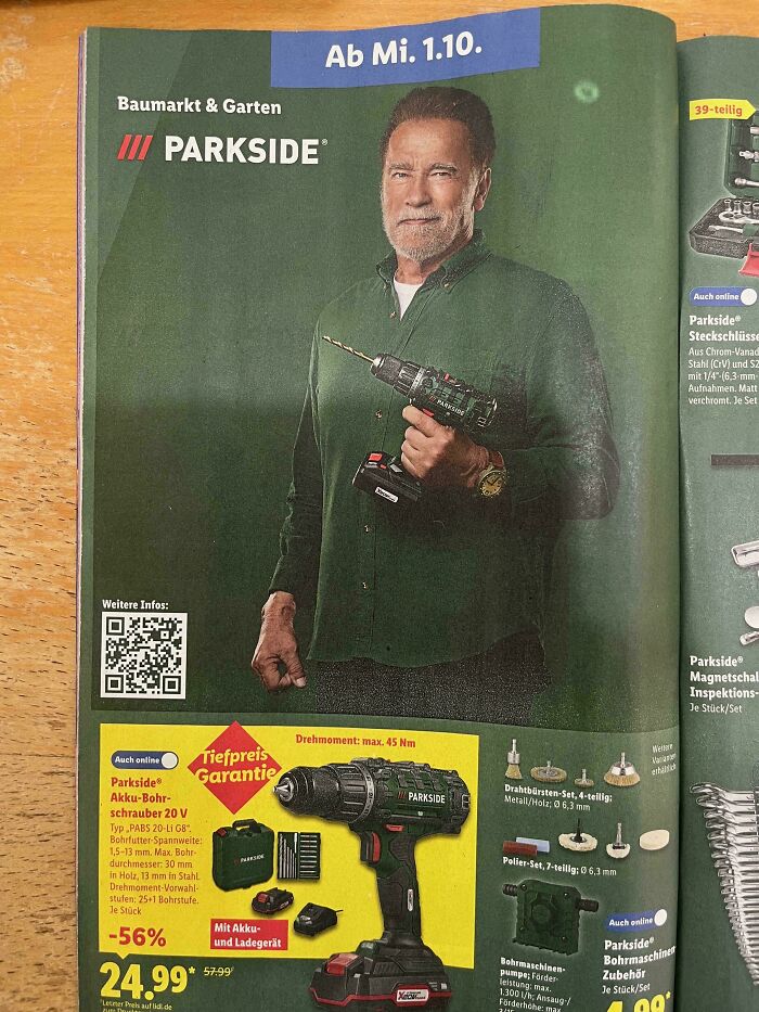 Man holding a power drill in a tool advertisement showcasing impressive country-implemented innovations in garden and hardware tools.