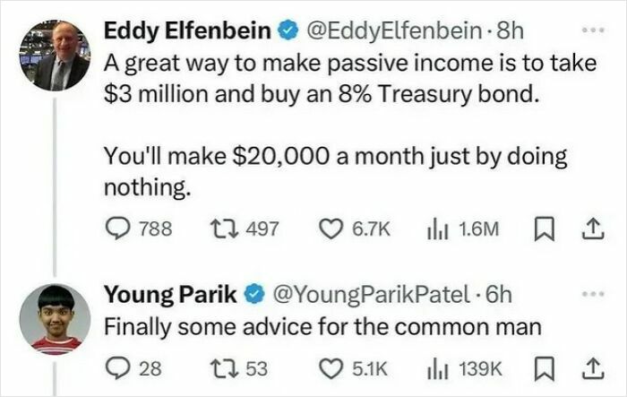 Screenshot of a Twitter exchange offering a math-related passive income example involving an 8% Treasury bond calculation.