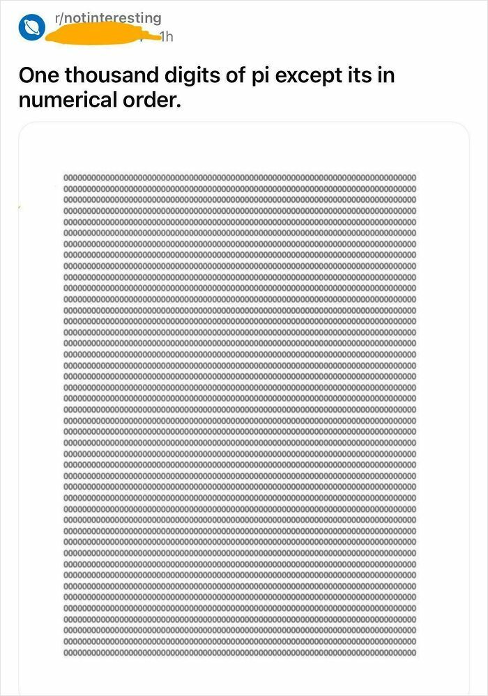 Reddit post showing one thousand digits of pi arranged in numerical order as a weird math problem solution.