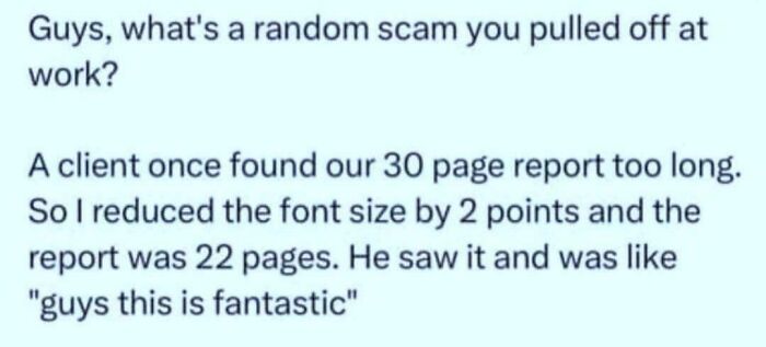 Screenshot of a social media post sharing a funny math problem involving reducing a 30-page report to 22 pages by font size change.