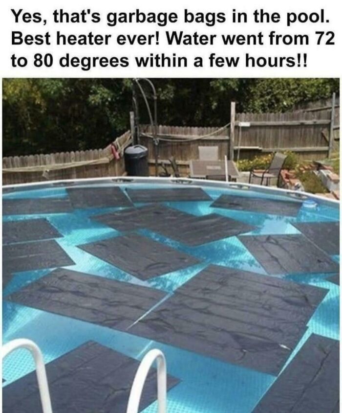 Pool covered with garbage bags to heat water from 72 to 80 degrees, a creative solution among weirdest math problems solved.
