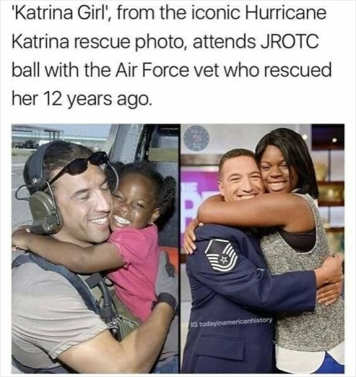 Heartwarming reunion photo of Air Force vet and Katrina Girl, capturing a sweet and wholesome moment of rescue and friendship.