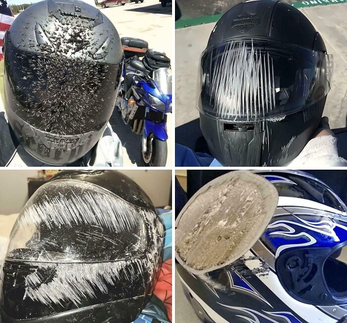 Helmets displaying damage and scratches, showcasing interesting motorcycle safety impacts from real-life experiences.