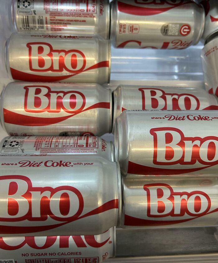 Funny Pictures From 2025: Diet Coke cans labeled Bro arranged in a store fridge