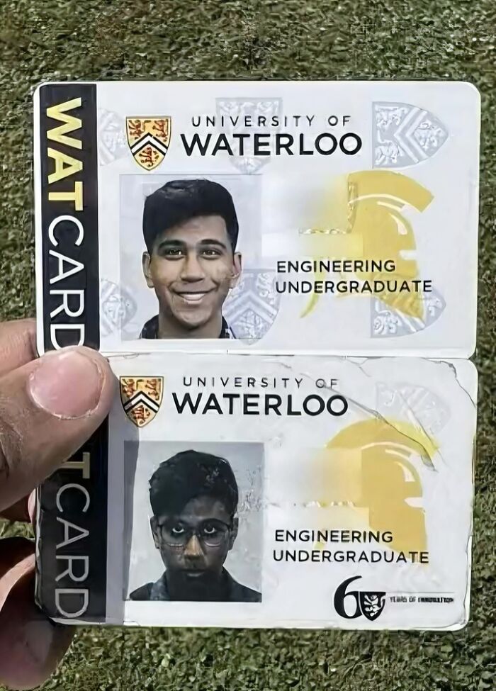 Two University of Waterloo engineering undergraduate ID cards showing contrasting facial expressions, random pics that make you laugh.