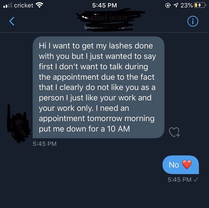 DM screenshot of rude client saying they don't like you as a person but wants lashes, labeled next-level jerks