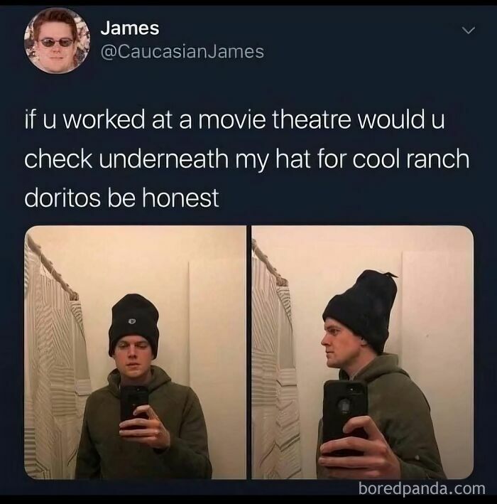 Person wearing a tall beanie and green hoodie taking mirror selfies, humorous movie memes about working at a movie theatre.