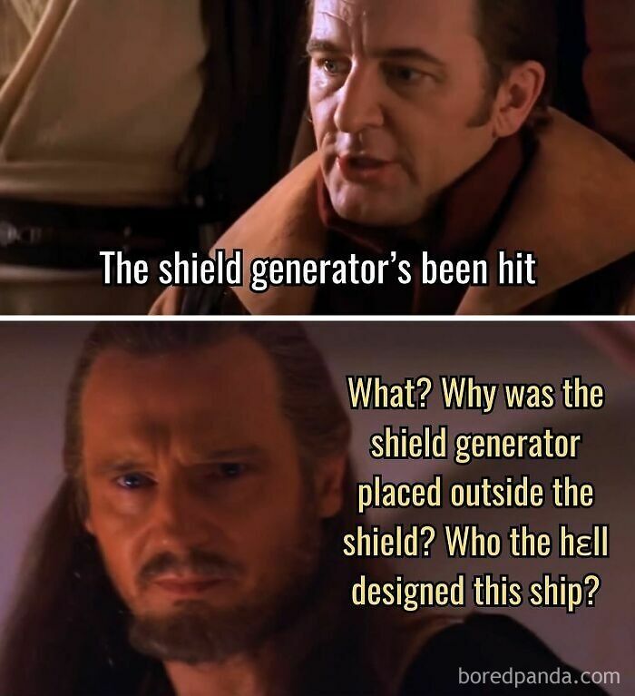 Scene from a movie meme showing two characters discussing a shield generator with humorous dialogue about its placement.