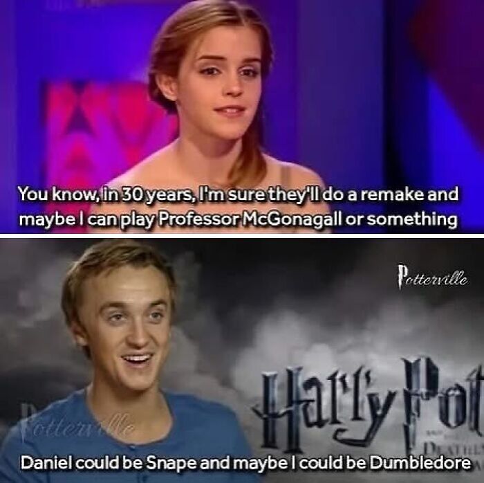 Two movie memes featuring actors discussing future Harry Potter remakes with funny captions about casting choices.