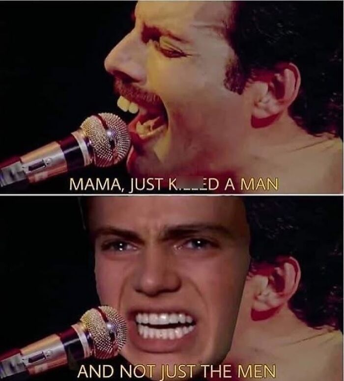 Movie meme showing a humorous edited concert scene with funny altered song lyrics and facial expressions.