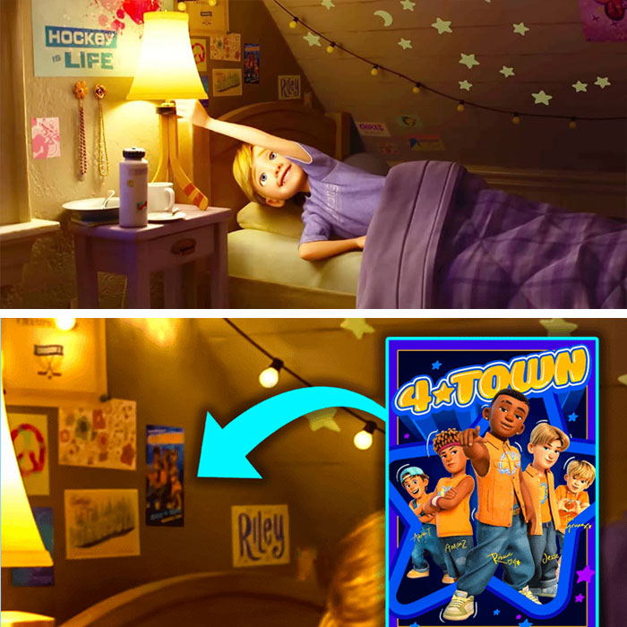 Andy&rsquo;s mom from Toy Story seen reaching for a lamp in a bedroom decorated with posters including one for 4*Town.