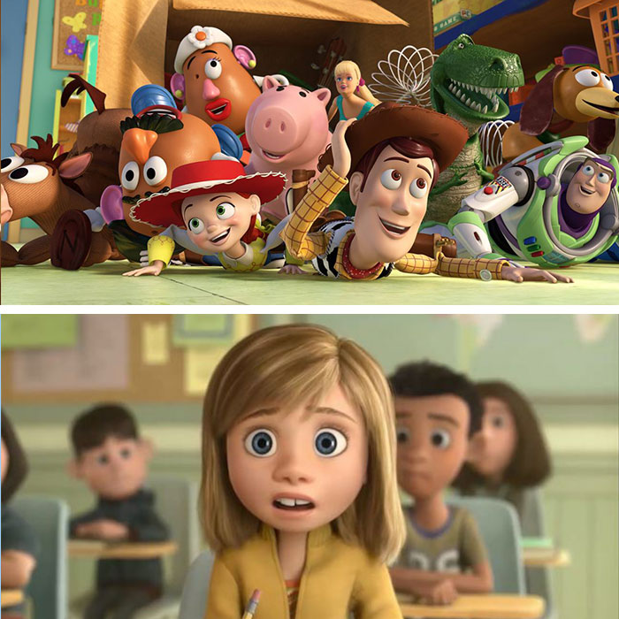 Animated scene of Toy Story characters with a close-up of Andy&rsquo;s mom reacting in a classroom setting.