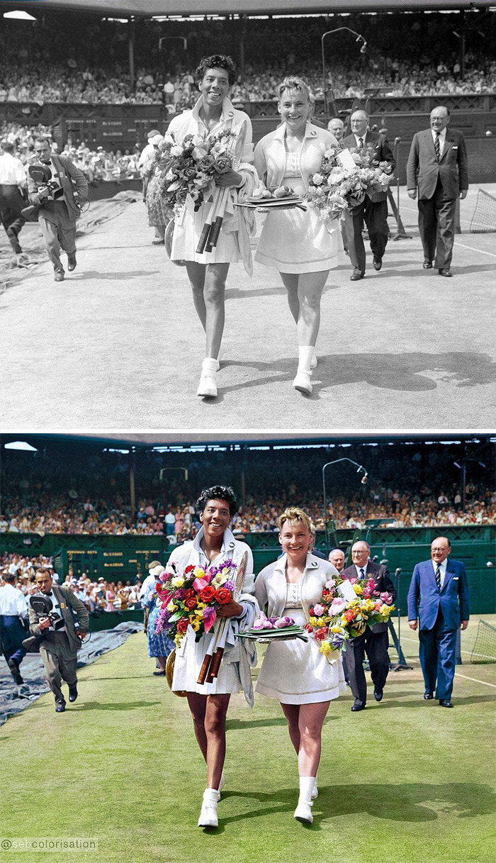 Two female tennis players holding bouquets on grass court, showcasing artist colorized old photos transforming history perception.
